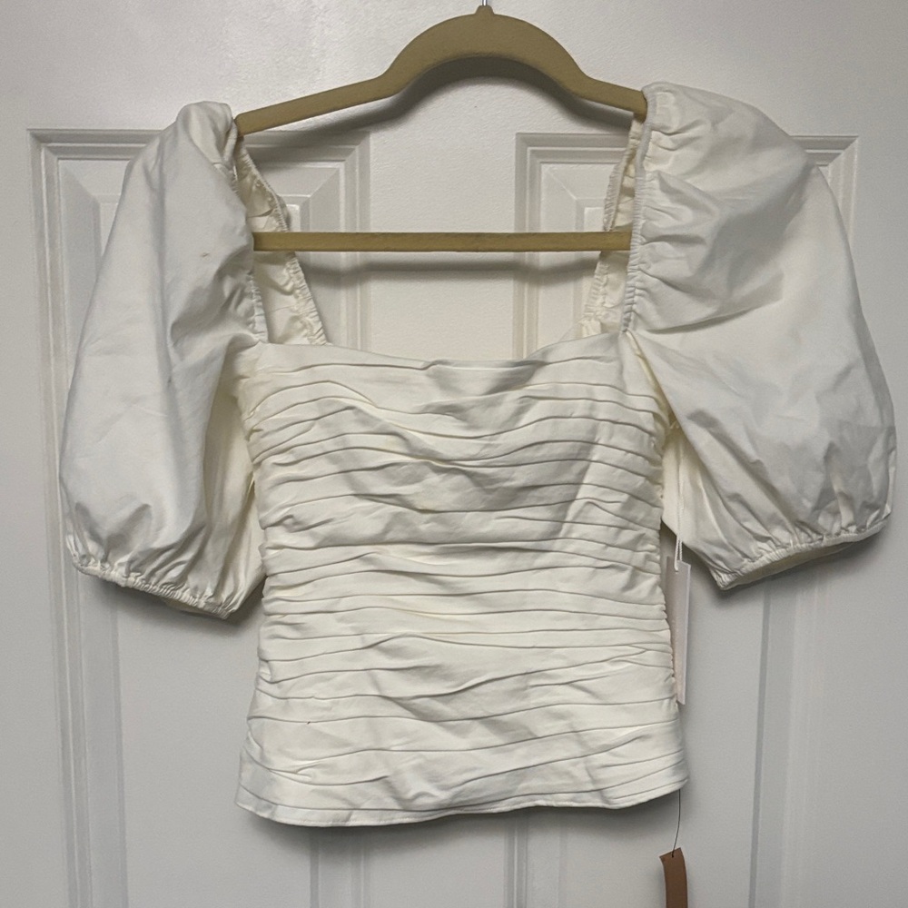 NWT [$245] Reformation Barry Ivory Puff-Sleeve Ruched Square-Neck Top - Picture 3 of 6